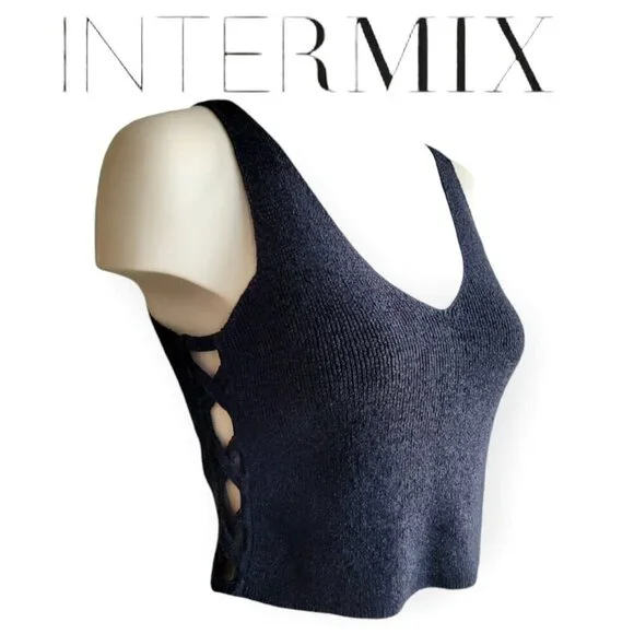 INTERMIX Navy Linen Cotton Knit Tank Crisscross Side Cutout Luxury Top Small - Picture 2 of 10